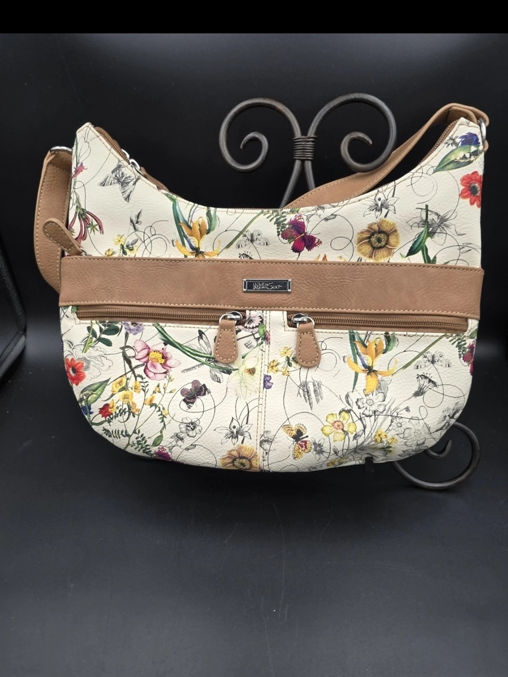 Nicole Lee Cream Floral Shoulder Bag with Tan Trim